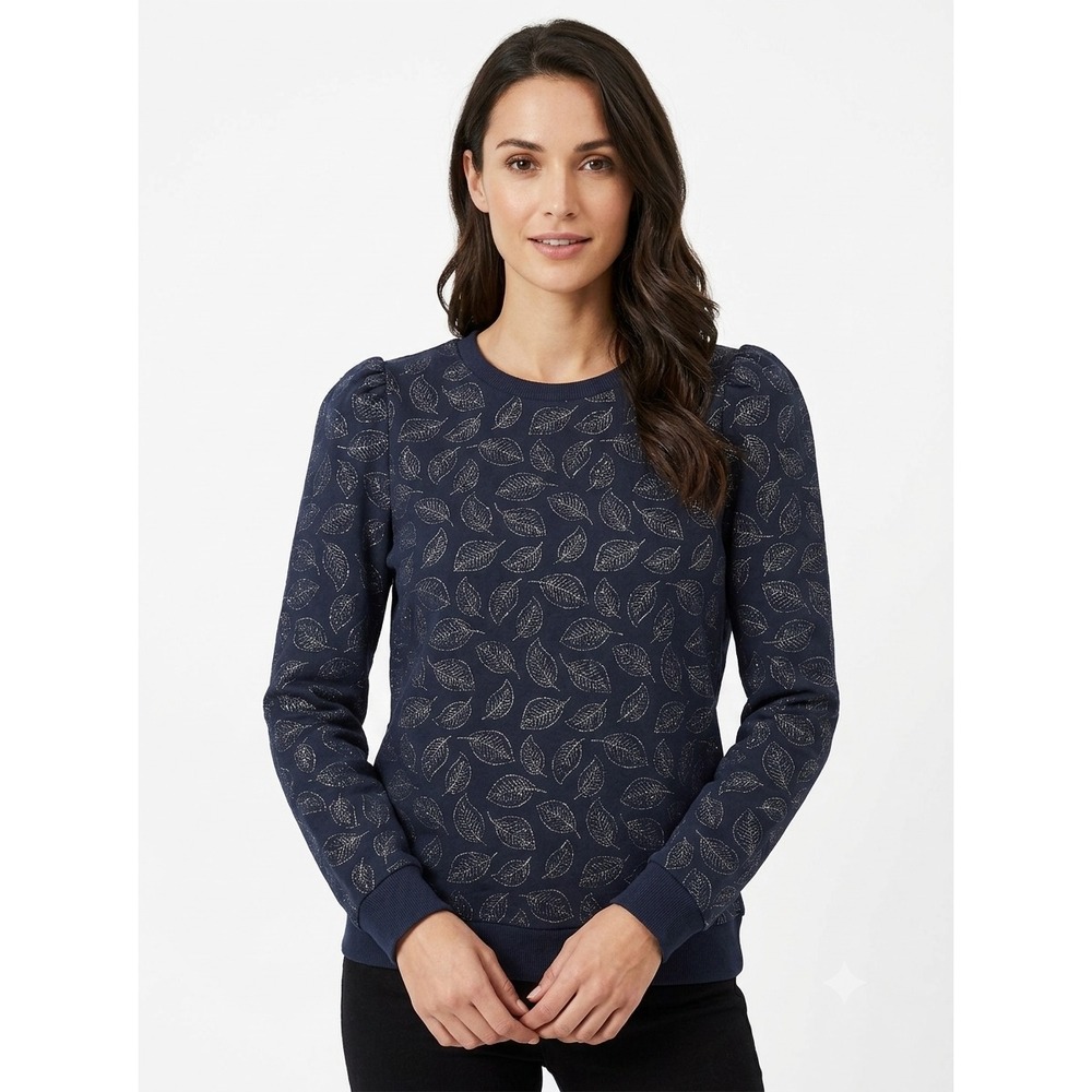 Boden Crewneck Sweatshirt Womens 14 Blue Silver Metallic Leaf Puff Sleeve Knit